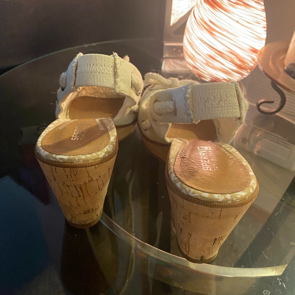 Sperry Topsider Cream Wedge Sandals Size 8.5 | Peep Toe Rope Detail Cork Heel - Picture 4 of 5